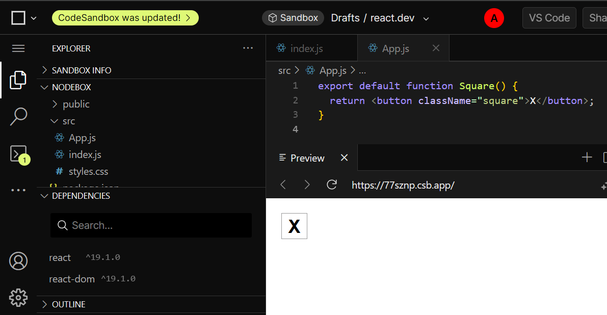 CodeSandBox의 초기 코드